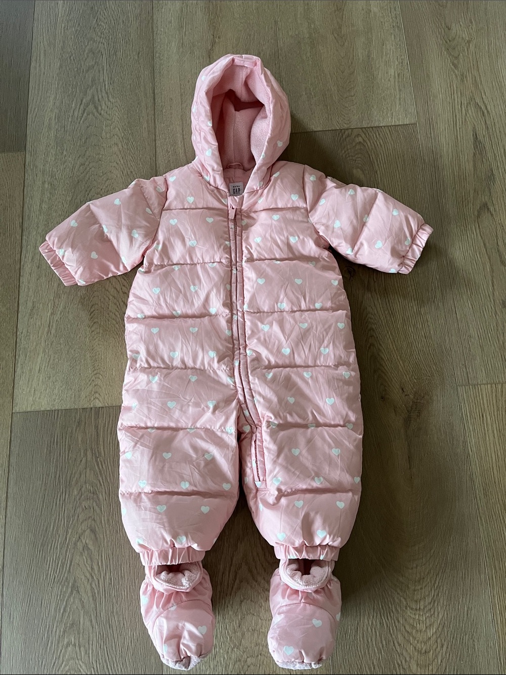 Baby GAP Pink Quilted Hooded Baby Footed One-Piece snowsuit with Heart Print